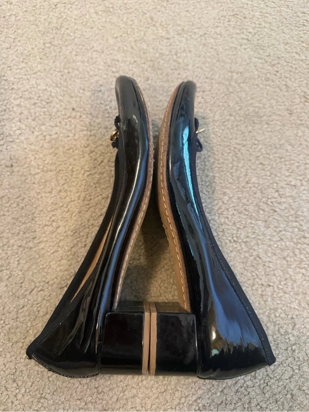 Tory Burch Black Patent Leather Round-Toe heels with bow and Gold Logo